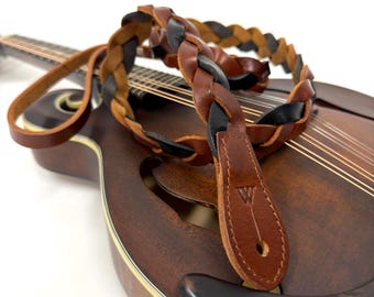 Walker And Williams M-61-CHT/BLK Throwback Series Chestnut Tan And Black Grain Leather "Braid" Mandolin Strap For F And A Type Mandolins