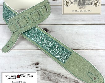 Walker And Williams GL-104 Aurora Green Glitter bomb Padded Guitar Strap With White Glove Leather Back For All Guitars.