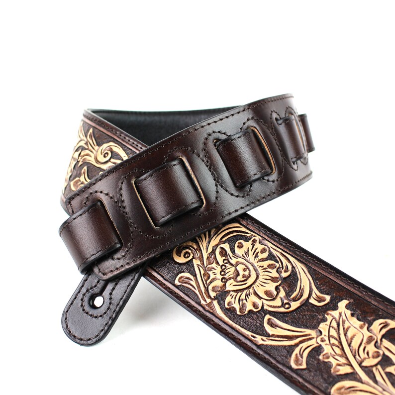 Walker And Williams KH-02-BRN-PR Carob Brown Carving Leather Top w/Tooled Floral Vine & Premium Leather Backing image 2