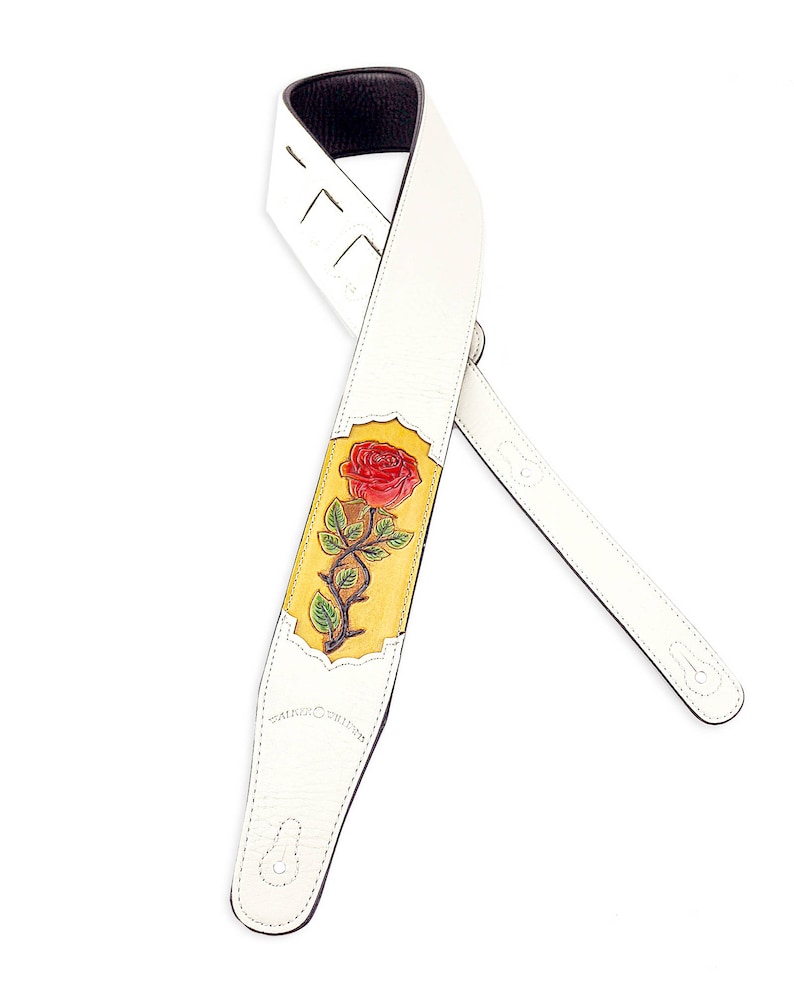 Red Rose on White Leather Guitar Strap CVG51 Hand Tooled Etsy