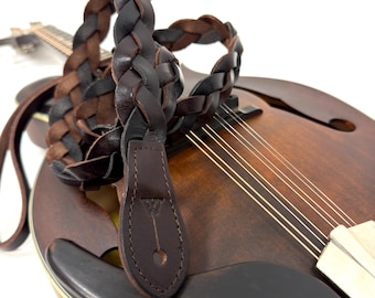 Walker And Williams M-61-CGN/BLK Throwback Series Hickory Brown And Black Grain Leather "Braid" Mandolin Strap For F And A Type Mandolins