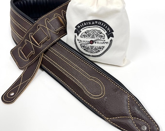 Walker & Williams C-34-BRN Cognac Brown Double Padded Premium Leather Guitar Strap, For Acoustic, Electric, And Bass Guitars