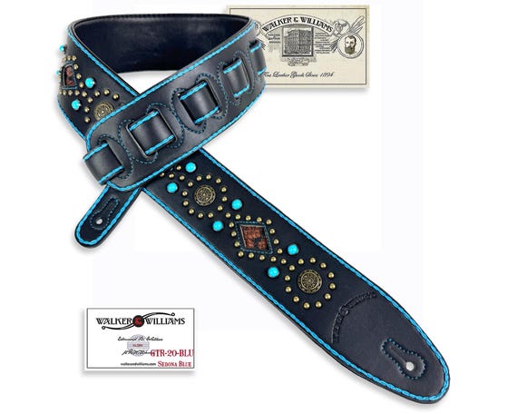 Walker And Williams GTR-20-BLU Sedona Special Turquoise Blue On Black Padded Strap w/ Studs & Rivets For Acoustic Electric And Bass Guitars