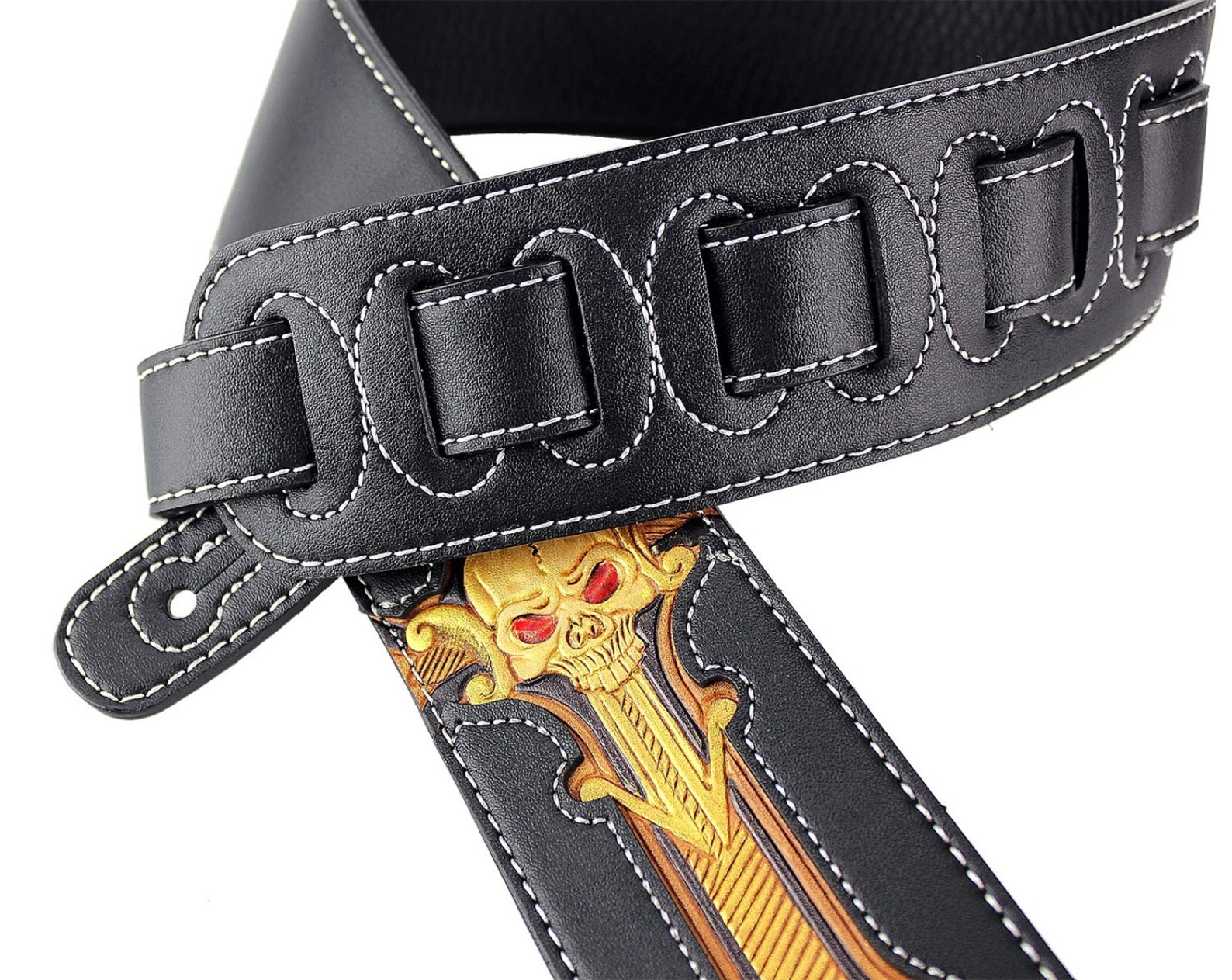 Black Leather Guitar Strap Hand Tooled Black and Gold Skull Etsy