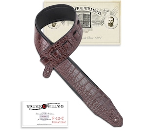 Walker & Williams F-12-C Cognac Brown Textured Alligator Finish Guitar Strap with Padded Glove Leather Back For Acoustic And Electric Guitar