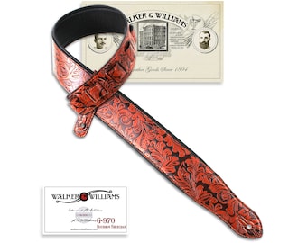 Latigo Tan Padded Leather Guitar Strap with Embossed Morning Glory Vine Tooling Walker & Williams G-973