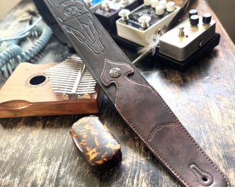 Walker & Williams LIP-19 Metallic Copper Carved Leather Spade Cut Guitar Strap with Tooled Longhorn Steer And Texas Star For All Guitars