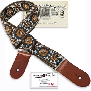 Walker And Williams H-42 Vintage Series Plush Back Cream Mandala Woven Guitar Strap With Thick Chestnut Leather Ends