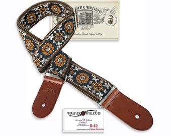 Walker And Williams H-42 Vintage Series Plush Back Cream Mandala Woven Guitar Strap With Thick Chestnut Leather Ends