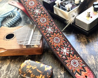Walker And Williams LIH-3 Hand Carved Premium Cherry Burst Red Leather Guitar Strap With Black Zodiac Star Design For All Guitars