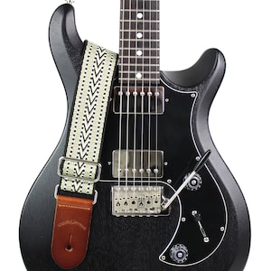 Walker and Williams H-33 Vintage Series Green & Black Woven Kaleidoscope Strap With Leather Ends For Acoustic, Electric, And Bass Guitars