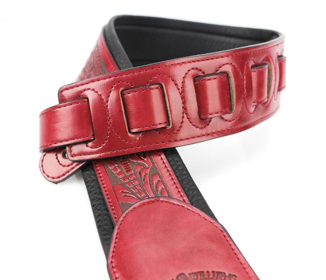 Deep Red Leather Padded Guitar Strap With Embossed Western Etsy