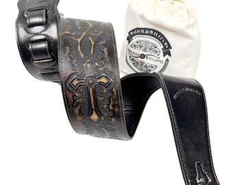Walker & Williams LIP-06 Dark Rye Brown Carved Leather Spade Cut Strap with Tooled Cross and Thorns For All Guitars And Basses