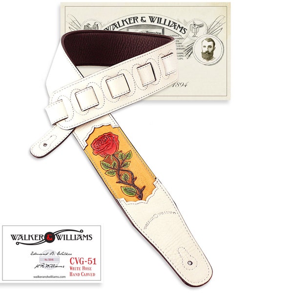 Red Rose on White Leather Guitar Strap CVG-51 Hand Tooled