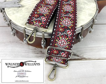 Correa para banjo Walker & Williams HBAN-22 Vintage Series con diseño de mandala en negro, rojo y blanco y clips finos de latón cepillado