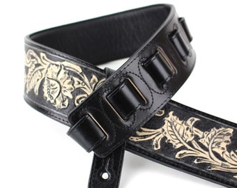 Walker and Williams KH-02-BLK Onyx Black Carving Leather Top With Tooled Floral Vine & Western Ends For Acoustic, Electric, And Bass Guitars