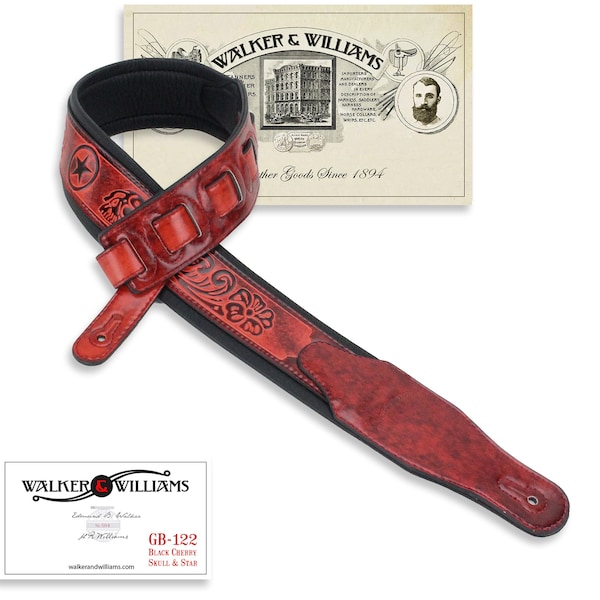 Black Cherry Leather Padded Guitar Strap with Skulls and Texas Star Walker & Williams GB-122