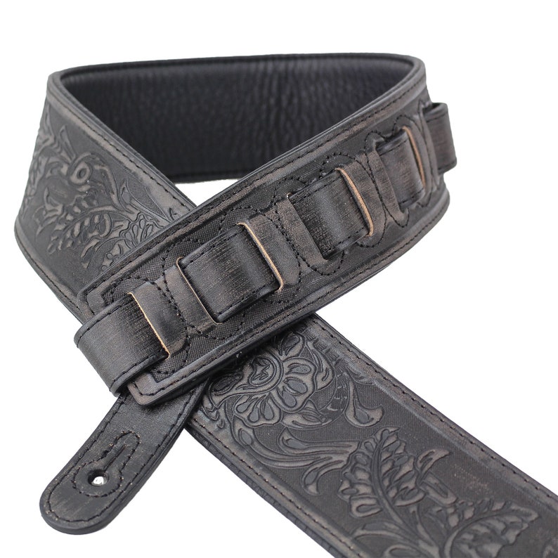 Black Weathered Leather Padded Guitar Strap with Overall Tooling Walker & Williams LIF-02 image 3