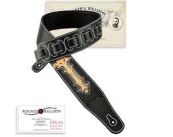 Hand Tooled Leather Guitar Strap, Black and Gold Skull Design