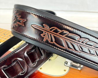 Walker & Williams GB-134 Oxblood Brown Padded Guitar Strap With Native American Feather Design For Acoustic, Electric, And Bass Guitars
