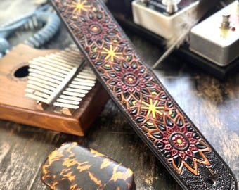 Walker And Williams LIH-2 Hand Carved Premium Black And Brown Leather Guitar Strap With Gold Earth Zodiac Star Design For All Guitars