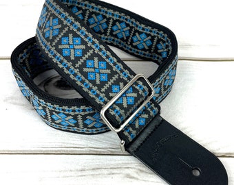 Walker And Williams H-13-M Vintage Series Woven Hootenanny Hippie Strap Blue & Grey For Acoustic, Electric, And Bass Guitars