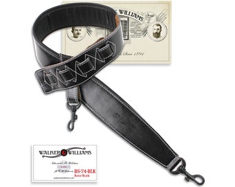 Walker And Williams BS-74-BLK Premium Gloss Black Leather Double Padded Clip Style Banjo Strap For Frailing And Bluegrass Banjo