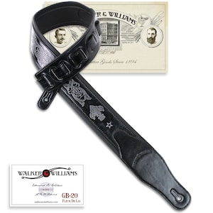 Correa de cuero acolchada negra de mezclilla para el GB-20 de Walker And Williams con diseño de flor de lis y cadena francesa