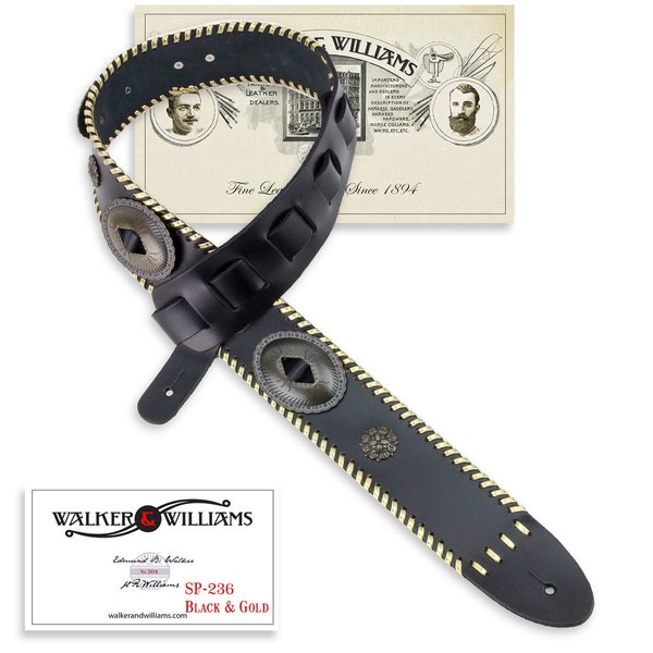 Black Italian Leather Guitar Strap with Conchos & Gold Trim Walker and Williams SP-236