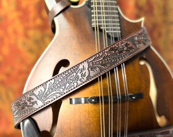 Walker And Williams M-22-RD Mahogany Red Leather Premium Padded Mandolin Strap With Live Oak Design For F And A Type Mandolins