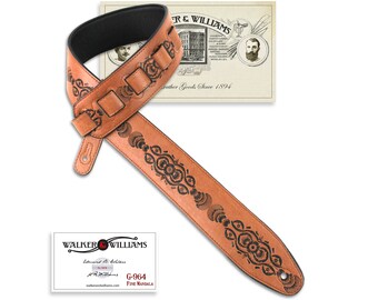 Walker & Williams G-964 Saddle Tan Tooled Leather Padded Guitar Strap For Acoustic, Electric, And Bass Guitars
