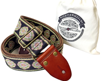 Walker And Williams H-46 Vintage Series Black Plush Back Luck Lotus Woven Strap w/Chestnut Ends For All Guitars And Basses