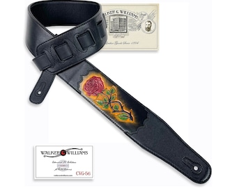 Walker And Williams CVG-56 Black Leather Guitar Strap With Hand Tooled Red Rose Design For Acoustic, Electric, And Bass Guitars