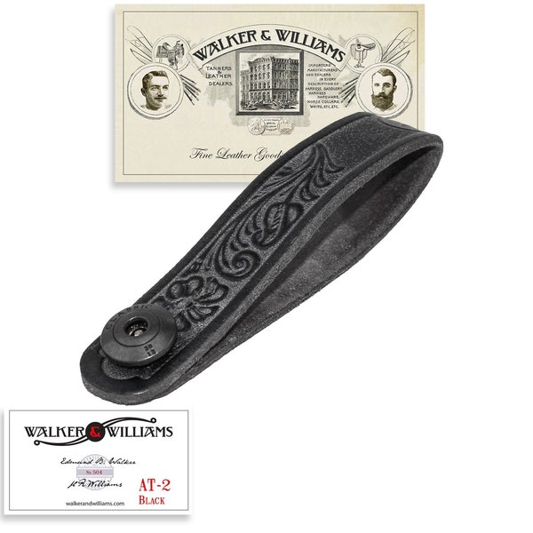 Walker & Williams AT-2 Tooled Black Leather Acoustic Guitar, Mandolin or Uke Strap Headstock Adapter