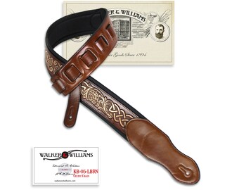 Walker And Williams KB-05-LBRN Chestnut Brown Full Grain Center Block Carving Leather Padded Strap With Aged White Celtic Chain