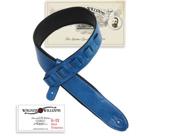 Deep Turquoise Blue Leather Guitar Strap with Padded Glove Leather Back Walker & Williams G-21