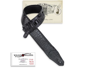 Black Alligator Guitar Strap With Padded Glove Leather Back Walker & Williams F-21