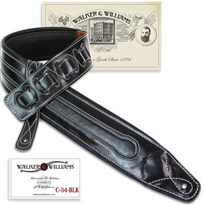 Walker & Williams C-34-BLK Gloss Black Double Padded Handmade Premium Leather Guitar Strap, For Acoustic, Electric, And Bass Guitars