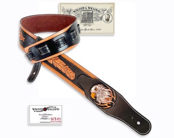 Walker And Williams LCT-21 Handmade And Tooled Black And Tan Super Premium Leather Guitar Strap with Native Feather & Eagle And Peccary Back