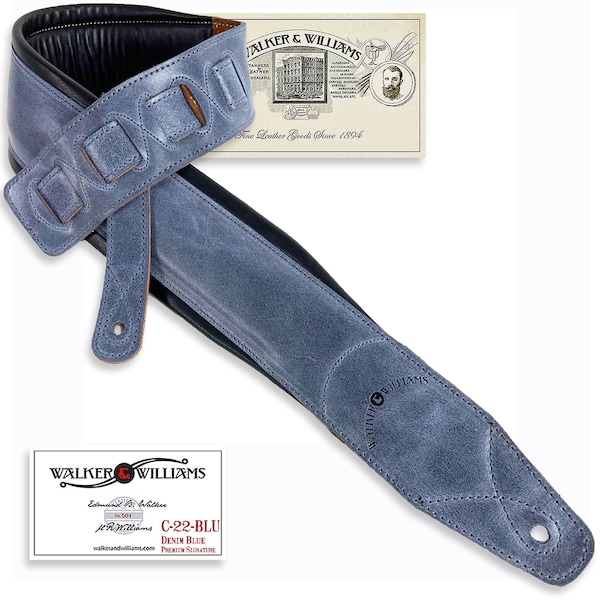 Walker and Williams C-22-BLU Handmade 3" Wide Double Padded Signature Premium Grain Leather Guitar Strap Washed Blue Denim Finish