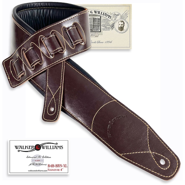 Walker And Williams B4B-BRN-XL Extra Long 4” Brown Top Grain Leather Padded Guitar Strap Up To 58" For Acoustic, Electric, And Bass Guitars