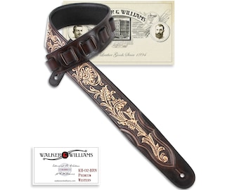 Walker And Williams KH-02-BRN-PR Carob Brown Carving Leather Top w/Tooled Floral Vine & Premium Leather Backing