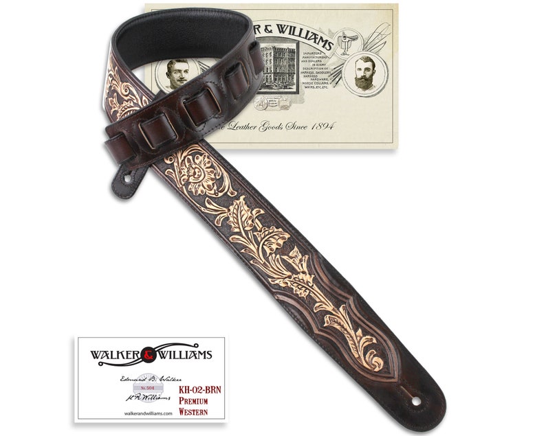 Walker And Williams KH-02-BRN-PR Carob Brown Carving Leather Top w/Tooled Floral Vine & Premium Leather Backing image 1