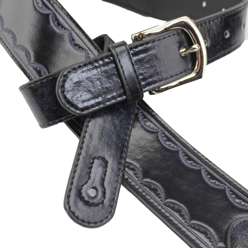 Black Leather Tooled Edge Padded Guitar Strap with Buckle Etsy
