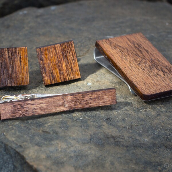Hickory Smoked Wood Tie Clip, Cuff Links, Money Clip - Groomsmen, Best Man, 5th Wedding Anniversary Present