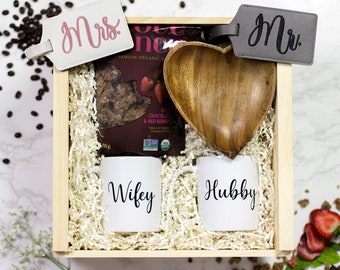 Newlywed Wifey + Hubby Gift Box, Couples Wedding Gift Basket, Bridal Party Gift Box, Heart Bowl, Luggage Tags, Coffee Husband Wife Mug Set