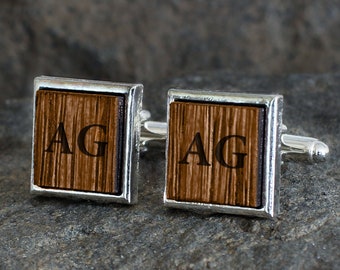 Personalized Wood Cuff Links Monogrammed Initial Groomsmen Gift Engraved Cufflinks Gift for Groom Initial Cufflinks Hickory Smoked Wood