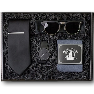 Black Tie Gift Box Set, Complete Gift Set For Him, Men's Gift Box, Black Necktie Set, Black Watch, Sunglasses, Gray Dress Socks, Tie Clip