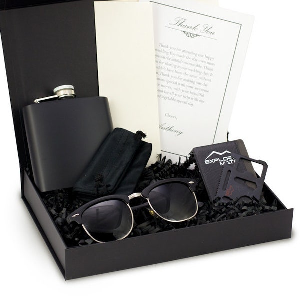 Groomsmen Gift Box, Complete Groomsman Gift Set, Men's Sunglasses, Black Flask, Bottle Opener, Personalized Message, Luxury Gift Box