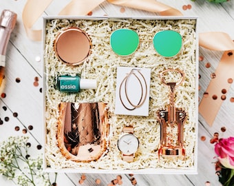 Women's Gift Box, Rose Gold Complete Women's Gift Set, Rose Gold Watch, Sunglasses, Earrings, Wine Tumbler, Wine Opener, Luxury Gift Box